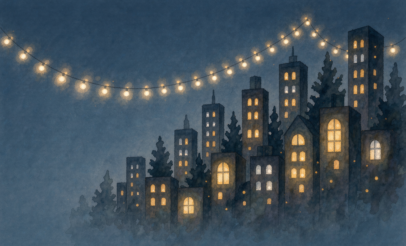 Illustration of a city at night — glowing windows and skyline
