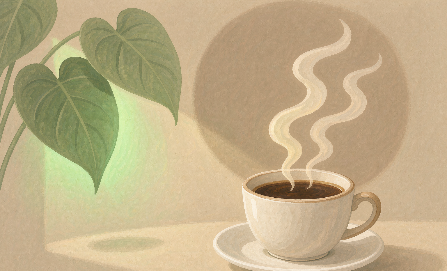 Illustration of cozy lifestyle — coffee cup with steam and green leaves
