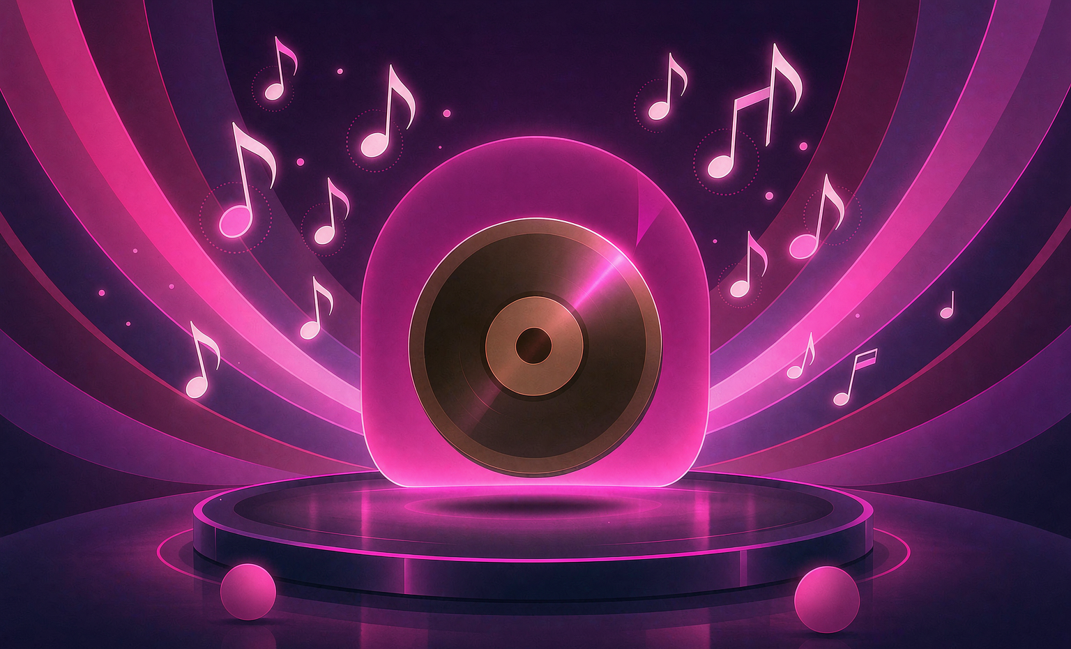 Illustration of pop music — neon stage lights and floating notes