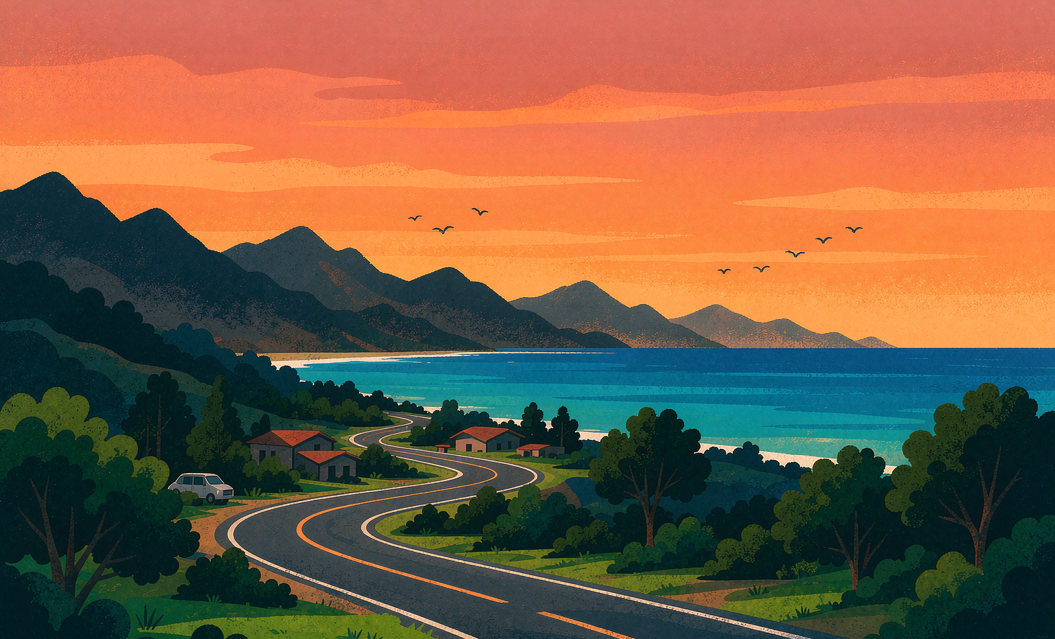 Illustration of travel and adventure — a coastal road through mountains at sunset