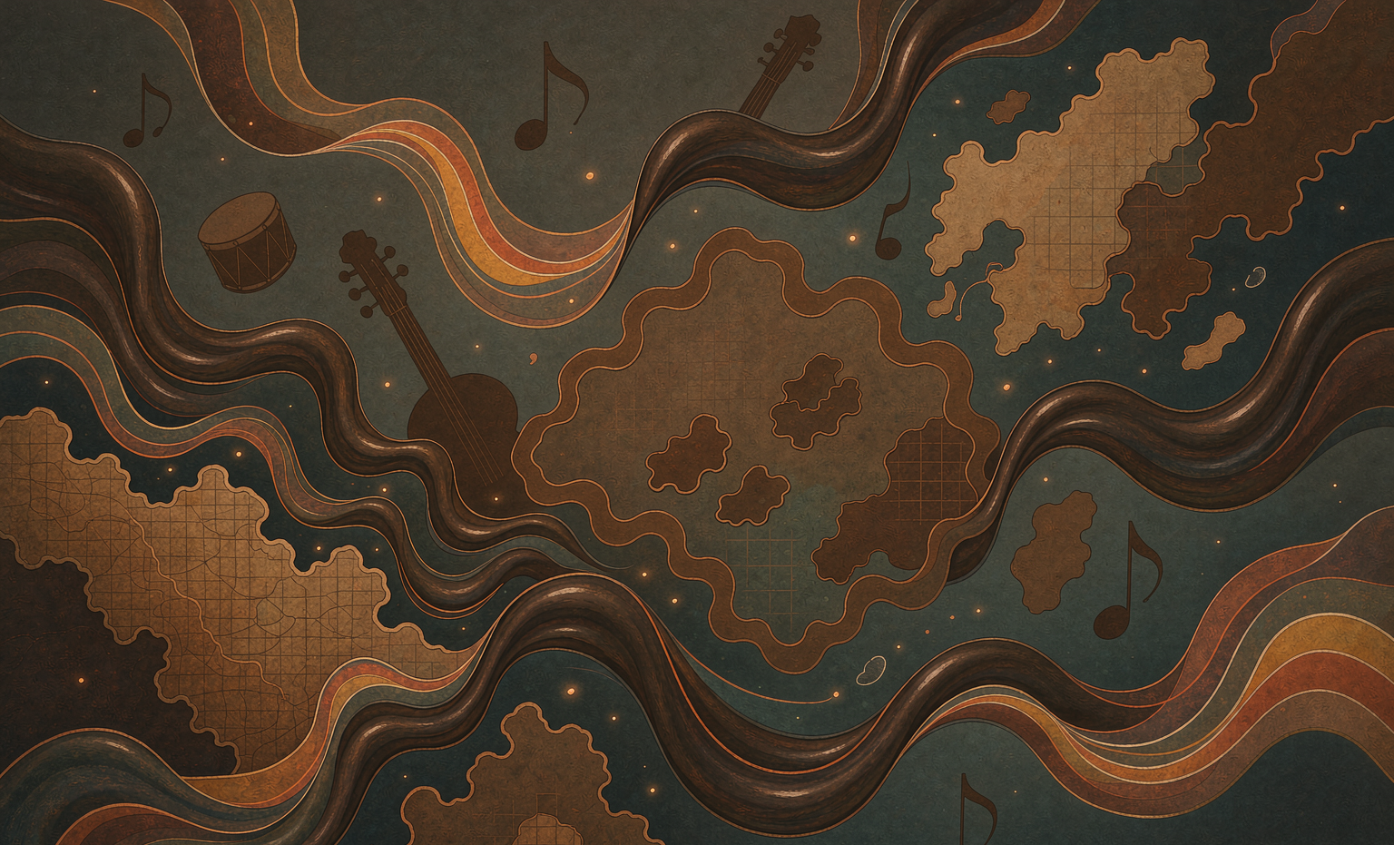 Illustration of world music — flowing ribbons connecting continents with instrument silhouettes