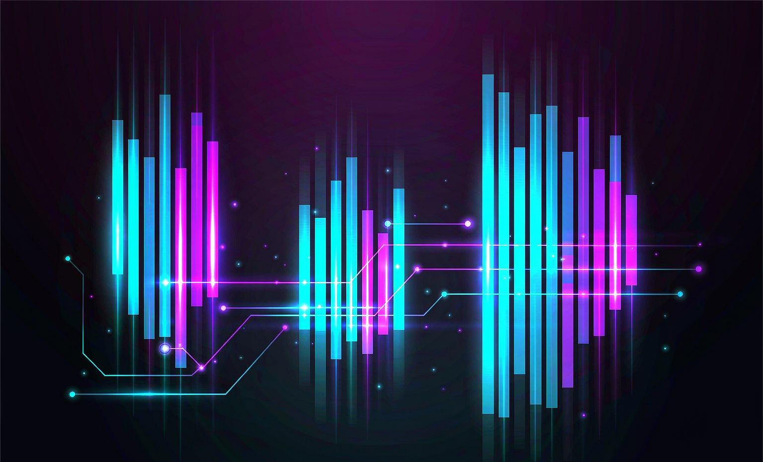 Illustration of electronic music — glowing equalizer bars and circuit lines